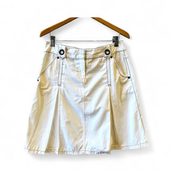 Cabi A-line Pleated Skirt Sz 8 100% Cotton Pockets White Red Black Stitching - Picture 1 of 7